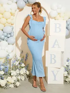 Maternity Solid Color Ruffled Square Neck Elegant Long Dress,Gender Reveal Dress,Baby Shower Dress,Maternity Dress,Blue Maternity Dress