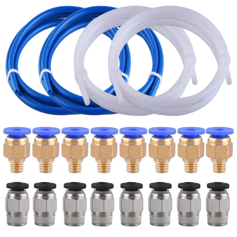 4 count Teflon Tube PTFE Tubing(1 Meter) with 8 count PC4-M6 Fittings and 8 count PC4-M10 Male Straight Pneumatic PTFE Tube Push Fitting Connector for  Printer 1.75mm Filament