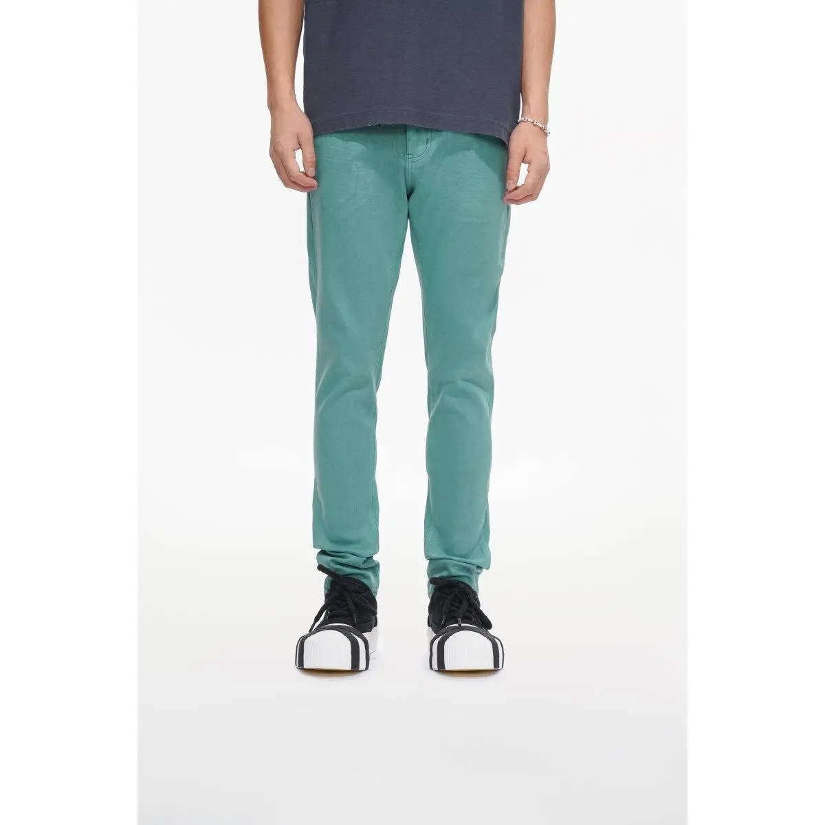 Men's Teal Waxed Slim Fit Jeans, Modern Streetwear Style Coated Denim Pants for a Sleek Profile, Menswear Fashion