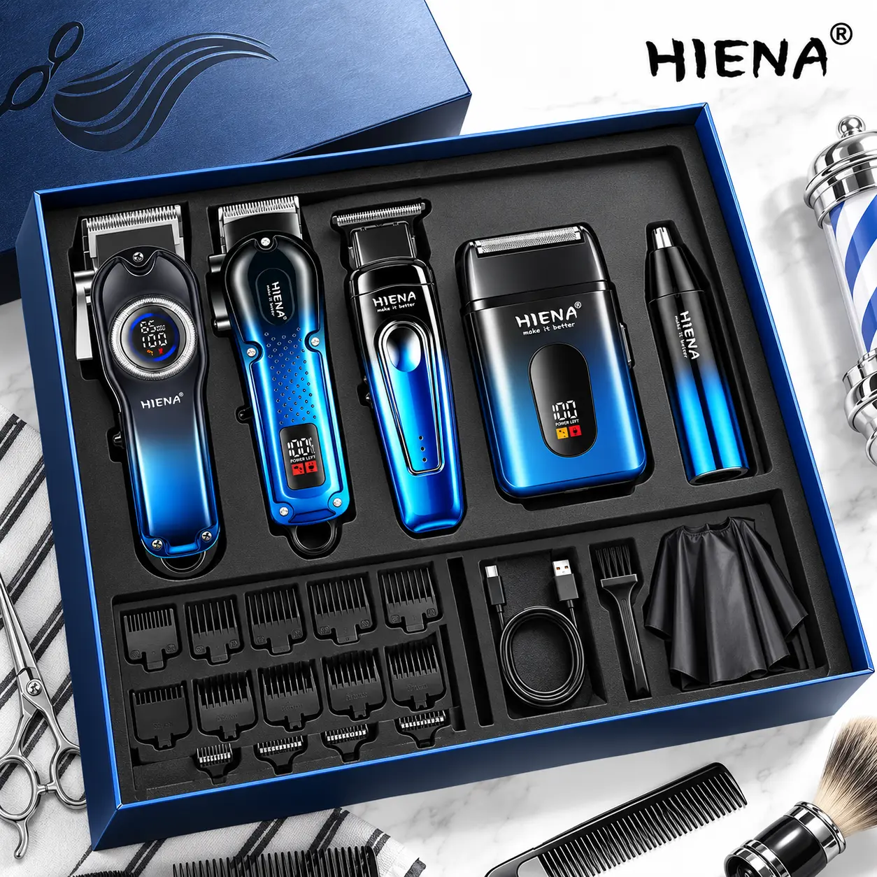Men’s Professional 5-Piece Portable Electric Hair Clipper Set, Precision Styling Tools, Smooth Anti-Tangle Blades, USB Charging, Ideal for Home Haircuts and Barber Use HIENA Hiena HYN-258 Hyn-258 Blue Gift Storage Daily