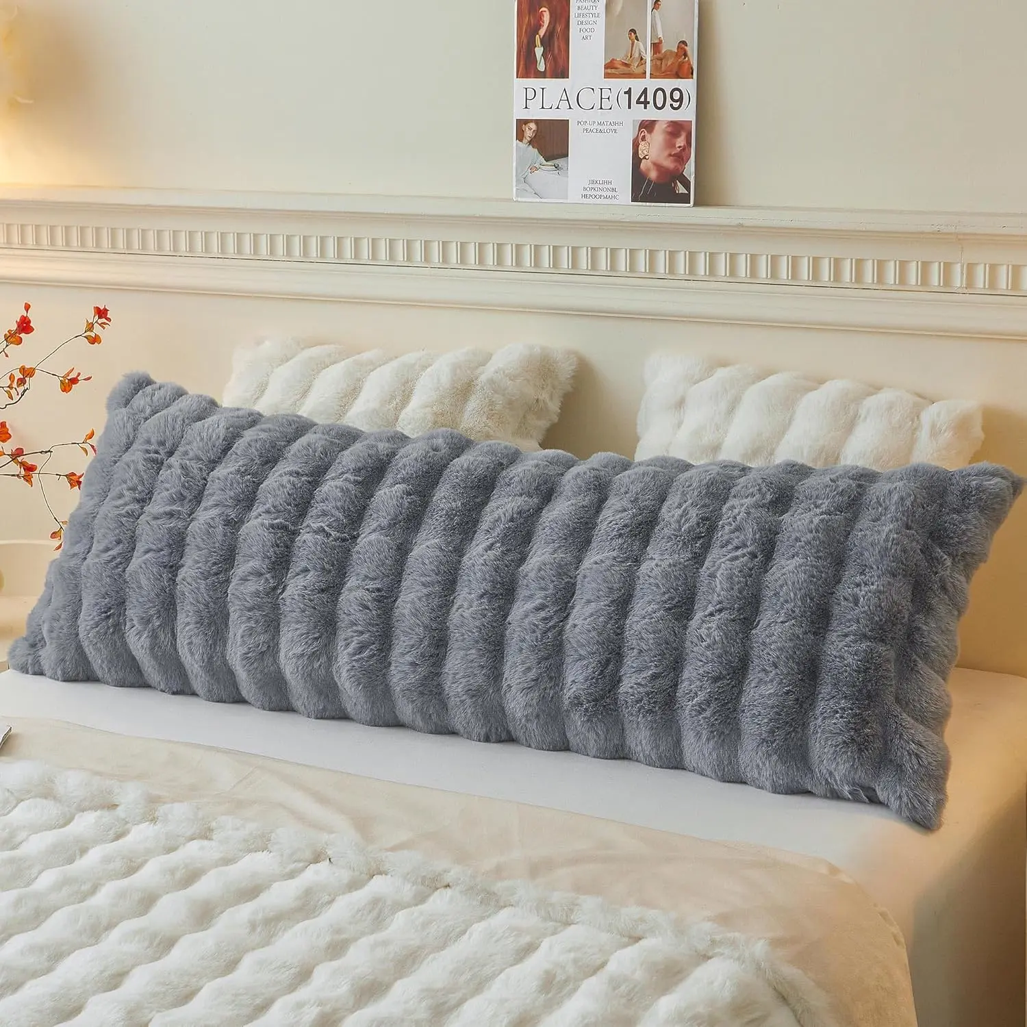 Fluffy Faux    Pillow Cover, Soft Cute Bubble Shaggy Plush Bed  Pillowcase with Zipper Closure, Long 20"x54" Fuzzy Furry Pillow Case for  Side Sleeper, Light Grey