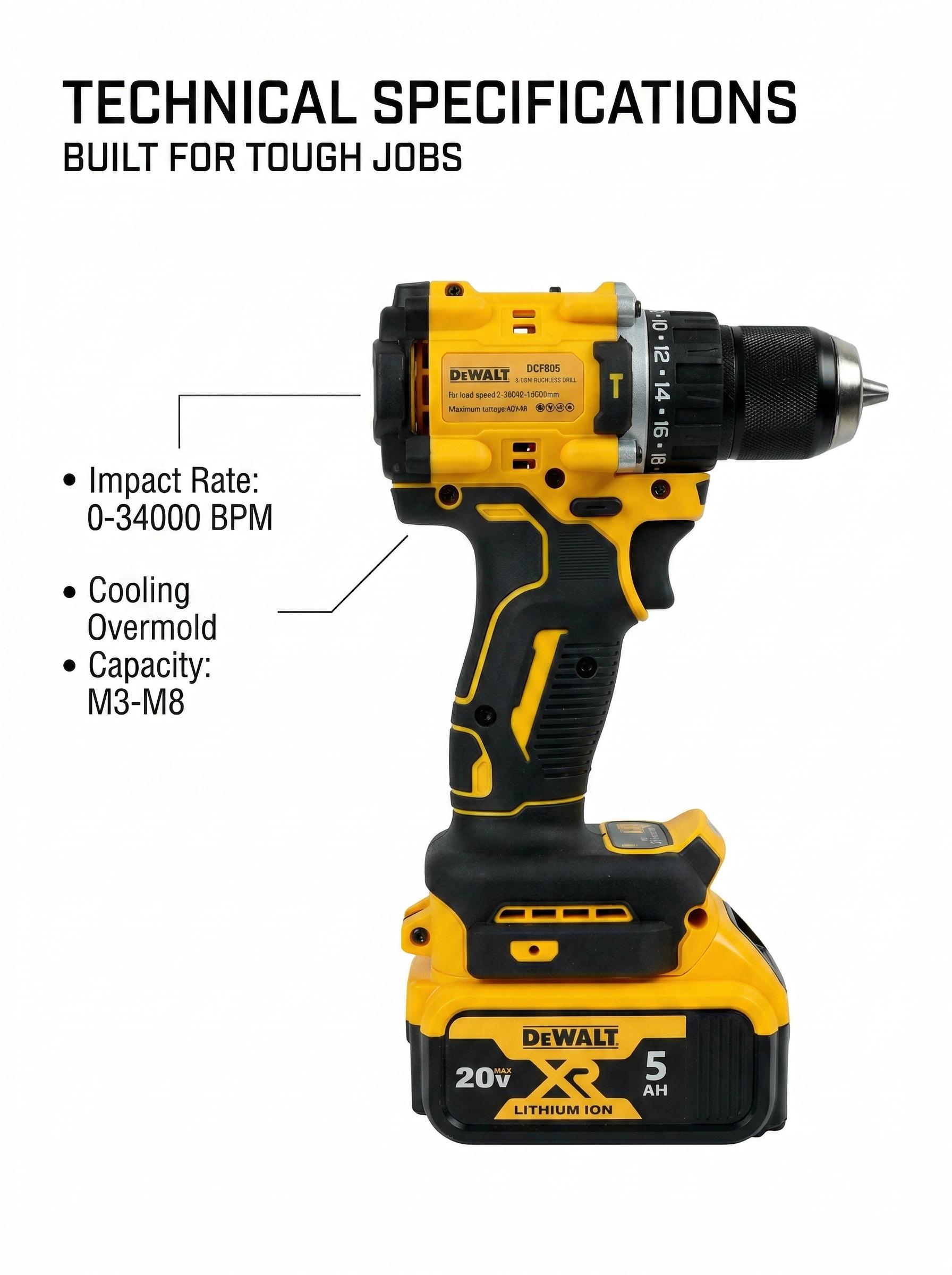 DEWALT DCF805 20V Impact Driver with Battery & Charger – 1/2 Inch Chuck – 0-2000 RPM – For General Fastening Applications