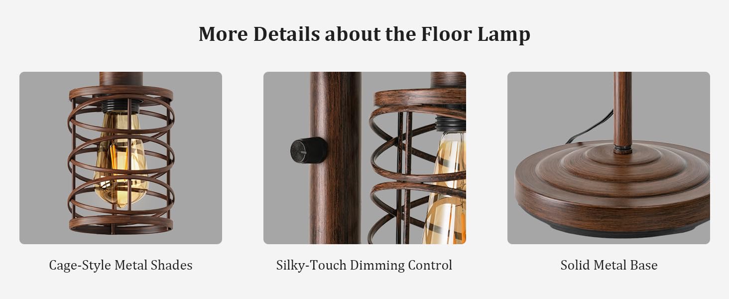 70" Farmhouse Dimmable Floor Lamp, Walnut Brown Industrial Metal Cage Standing Lamp with 3 LED Bulbs, Stepless Dimming Tall Tree Lamp for Living Room, Bedroom, Office, Corner