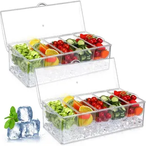 2 Pieces 5 Compartment Chilled Condiment Server with Hinged Lid Condiment Tray with Ice Chamber Cooled Container Caddy Organizer Removable Dishes for Salad Fruit Cheese Outdoor Party Bar Supplies