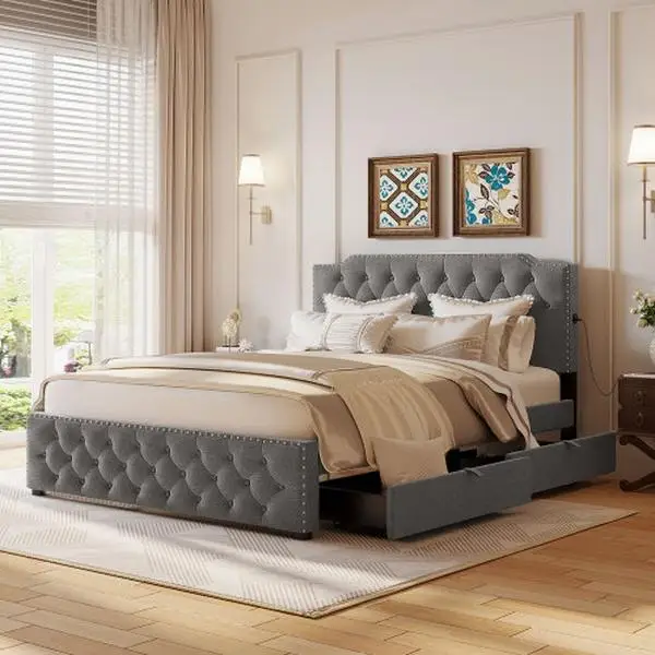 【Bellemave】Queen Size Upholstered Platform Bed with Twin Size Trundle and 2 sets of USB Ports on each side, Linen Fabric
