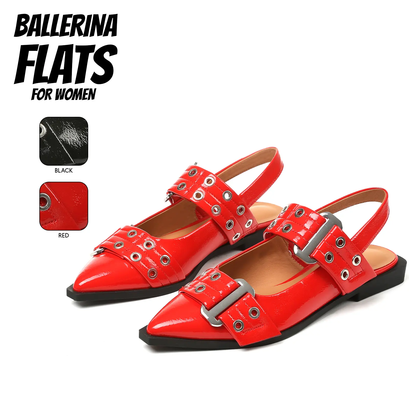 Ballerina Flats for Women Pointed Toe Wide Welt Adjustable Buckle Slingback Strap Studs Buckle Flats Comfy Slip On Work Casual Dailywear Dressy Summer Ballet Footwear Shoes Christmas Sandals Women