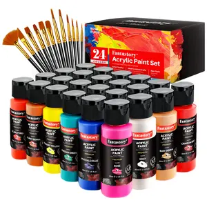 Fantastory Acrylic Paint Set 24 Classic Colors(2oz /60ml) with 12 Brushes, Professional Craft Thick Paints Kits for Adults, Canvas Wood Fabric Ceramic Rock Painting Supplies [Professional Series]
