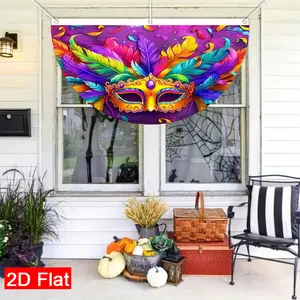 Mardi Gras Carnival Feather Mask 2D Flat Curly Decor Ornate Party Favor Masquerade Costume Accessory Outdoor Yard Garden Wall Decoration Festive Fan Shaped Flag for Celebration