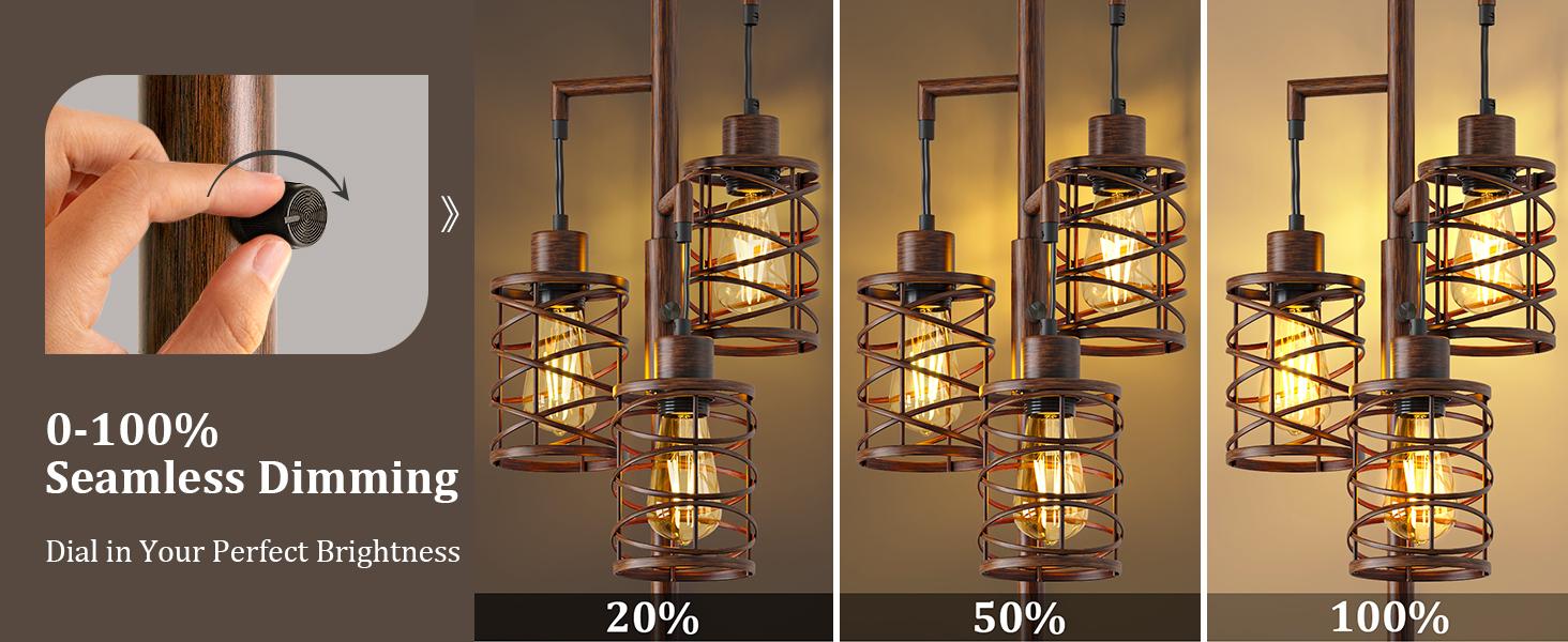 70" Farmhouse Dimmable Floor Lamp, Walnut Brown Industrial Metal Cage Standing Lamp with 3 LED Bulbs, Stepless Dimming Tall Tree Lamp for Living Room, Bedroom, Office, Corner