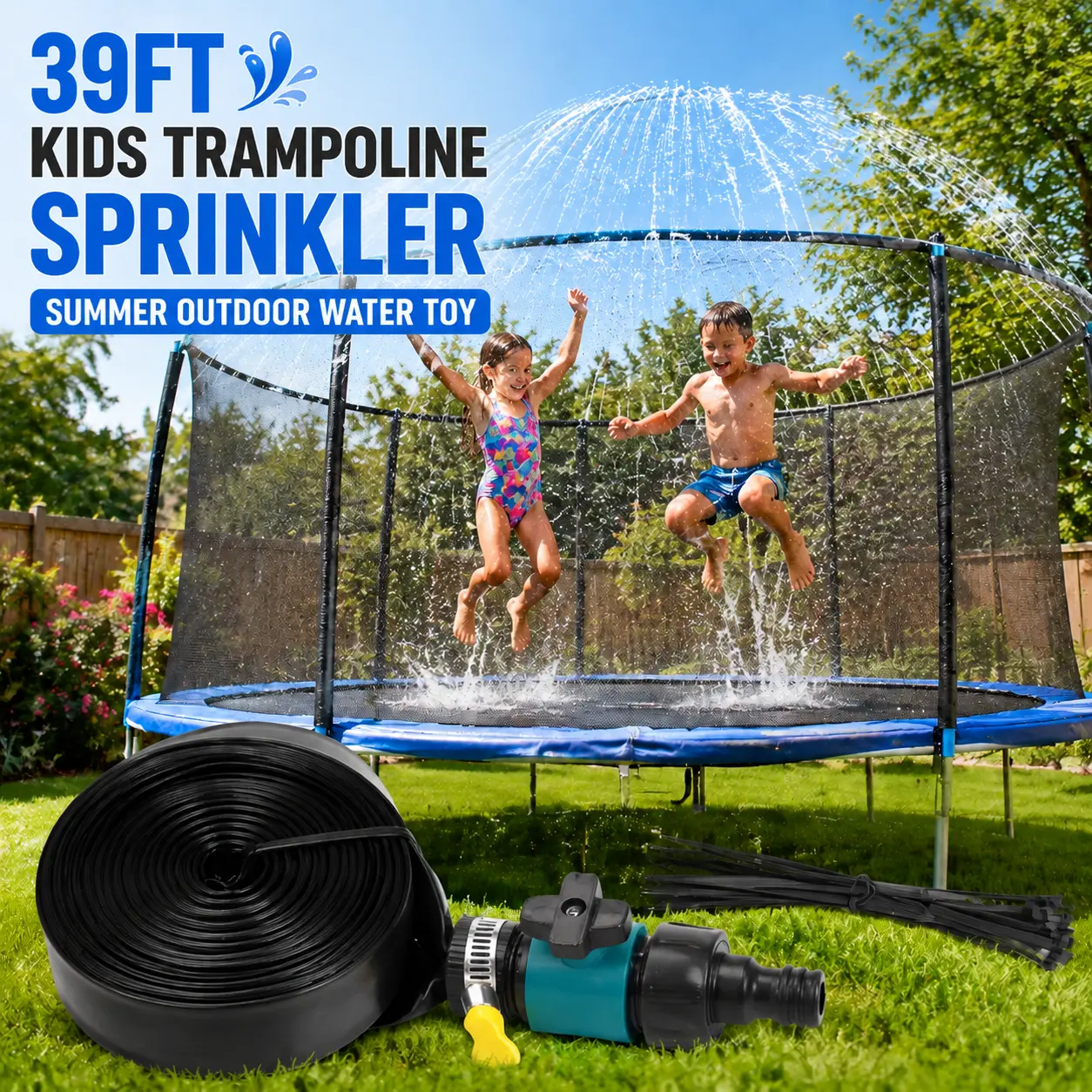 Trampoline Water Sprinkler 39ft, Leak-Proof PVC Pipe for Kids Outdoor Play and Summer Water Games, Backyard Misting Cooler with Net Mounting-2314