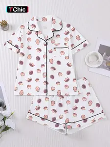 Women's 2-Piece Pajama Set, Cartoon Hedgehog Style, Casual Fitted Sleepwear Loungewear, Comfortable Short Sleeve Top & Elastic Shorts, Home Wear