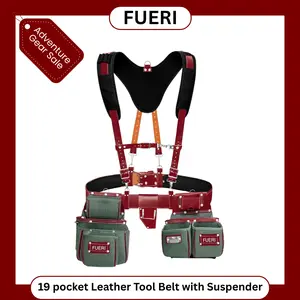 FUERI Nylon and Leather Tool Belt with Suspender comes with 19 Pocket with Adjustable Foam Padded Belt,Heavy Duty Pouches, 4 D-Loops, Leather Suspender and hammer holder for Carpenters & Electricians