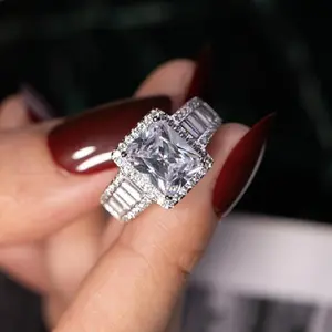 F997 Princess Cut Diamond Ring White Gold Natural D Color Baguette Side Stones Engagement Women's