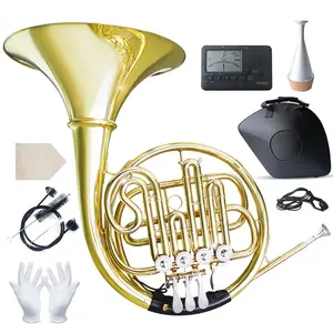 French Horn Beginner Bb- 4-Key Gold Lacquer Brass Horn with Hard Case | Includes Tuner, Mouthpiece & Cleaning Kit