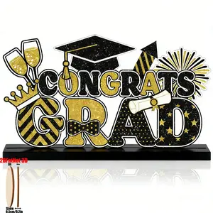 2D Graduation Table Sign, Decorative Plaque, and, Wooden Base, Centerpiece Decor, Suitable for Desk Shelf, Fireplace Shelf, Party Supplies