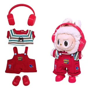 Trendy Streetwear Outfit Set for 5.7'' Labu,4-Piece Urban Style Look with Headphones, Top, Overalls & Shoes, Bold Red Street Fashion for Dolls