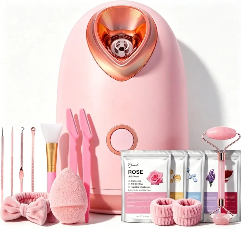 Pjordo Nano Ionic Facial Steamer 7-in-1 Home Spa Kit for Pore Opening and Deep Hydration Includes Deep Cleaning Tools and Silicone Brush