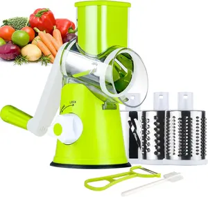 Ourokhome Rotary Cheese Grater Hand Crank, Kitchen Shredder Speed Mandolin Slicer Nut Grinder with Handle and Drum Blades for Cheese, Vegetable, Walnut, Chocolate, Potato, Carrot, 3 Blades, Green Ourokhome cheese grater