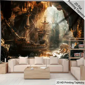 1pc - Extra Large Retro Cave Pirate Ship Tapestry, 95g/ ㎡       Polyester Wall Hanging, High-Definition Digital Print, No Installation Required, Ideal for Living Room Decor, Nautical Decor