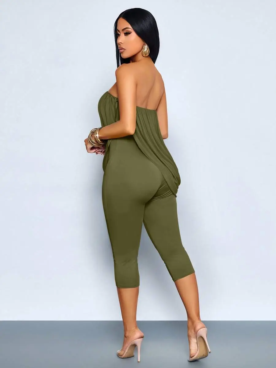 WORPRO Women's Off Shoulder Draped Ruched Bodycon Capri Jumpsuit, Casual Sexy Summer Going Out Vacation Outfit, Y2K Asymmetrical Hem