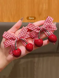 Sweet Cherry Bow Detail Hair Clips Set of 2, Plaid Design, Perfect for Daily Use, Stylish Outfit Accessory Hair Accessories for Women