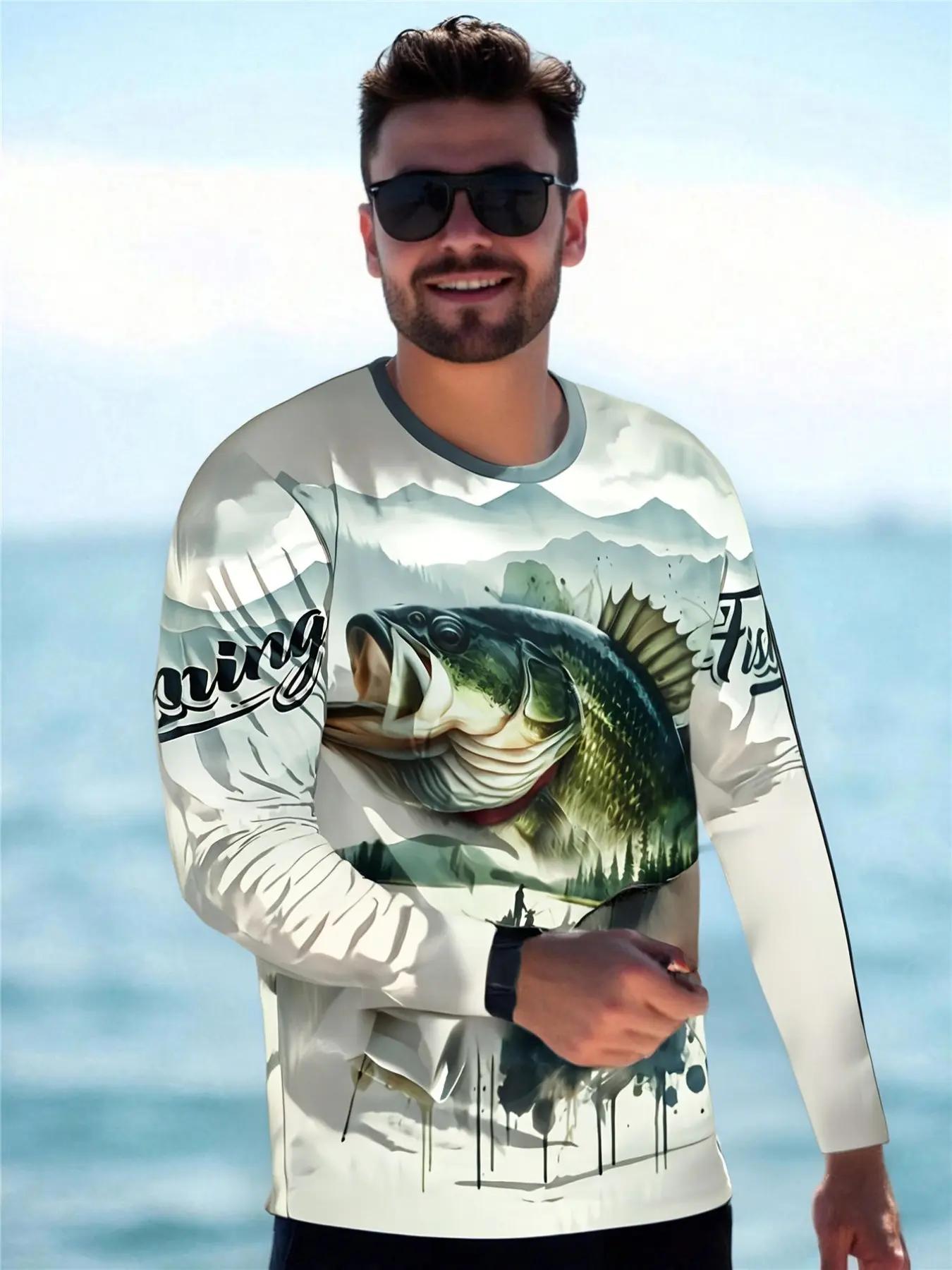 Men's 3D Fish Print Long-Sleeved T-Shirt - Featuring a design of all kinds of bass and trout, made of breathable polyester fabric, with a loose round neckline. Suitable for fishing enthusiasts, durable and comfortable for all-day wear.