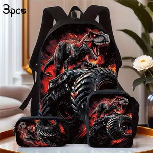 T-Rex Monster Truck 3-Piece Backpack Set, Fire Dinosaur Print School Bag + Lunch Bag + Pencil Case, Oxford Cloth Adjustable Strap Daypack for Kids