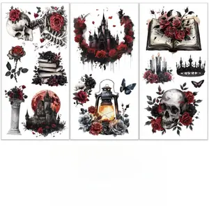 3Pcs/Set Gothic Rose Rub on Transfers for Furniture and Crafts 6x12 Inch Skull Furniture Decals Decor Red Moon Transfer Stickers  for Glass Cups Cabinets DIY Home Decor