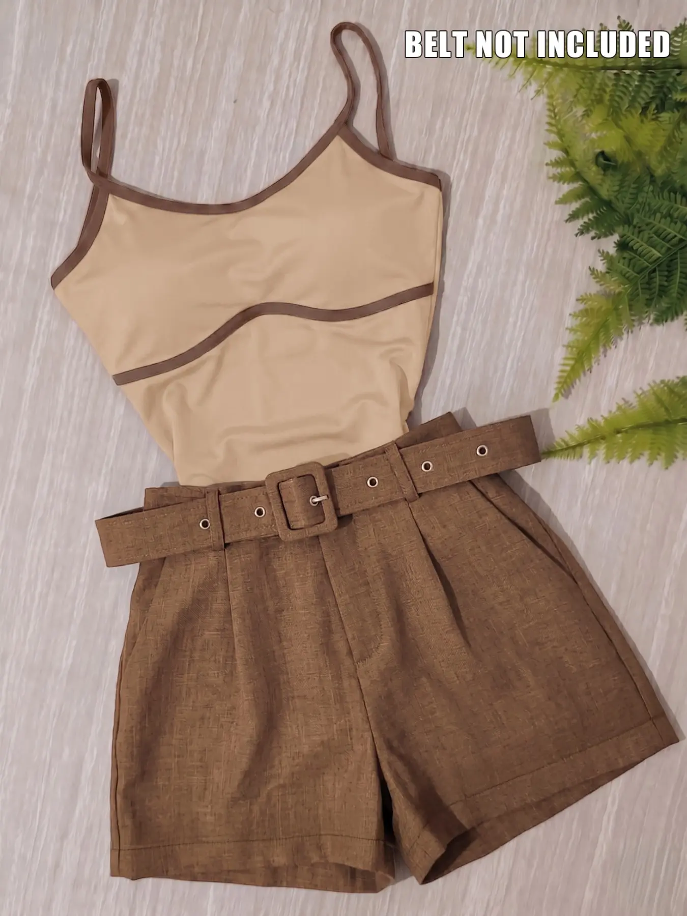 Women's Colorblock Halter Top & High-Waisted Shorts Set, Spaghetti Strap, Sleeveless, Casual Summer, Slim Fit, Fitted, Two-Piece Ensemble, Womenswear, Clothes, Tank Top