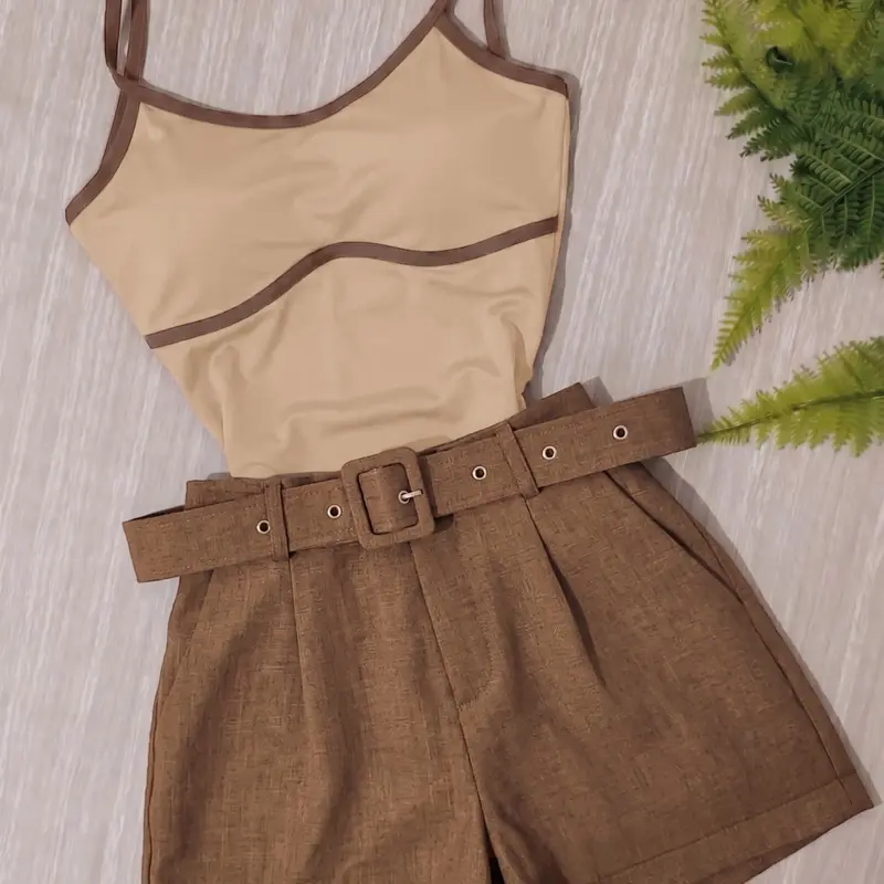 Women's Colorblock Halter Top & High-Waisted Shorts Set, Spaghetti Strap, Casual Summer, Slim Fit, Fitted, Two-Piece Ensemble, Womenswear, Clothes, Tank Top, Top Sets