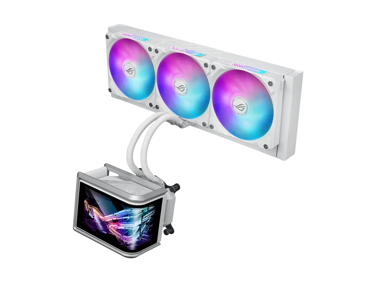 ASUS ROG RYUO IV SLC 360 ARGB White Edition all-in-one CPU liquid cooler, shortened tubing for clean aesthetic, movable curved 6.67-inch display, 6 Year Warranty