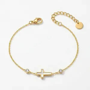 18K Gold Plated Adjustable Sideways Cross Bracelet for Women, 6.3 in Religious Cubic Zirconia Station Chain, Daily Wear Confirmation Gift