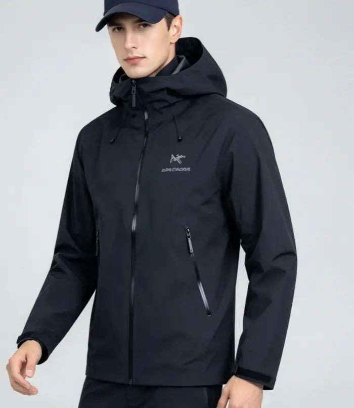 Black Solid Slim Fit Hooded Hardshell Jacket, Waterproof Windproof Outdoor Hiking Coat, Full Zip Adjustable Hood, Lightweight Breathable Outerwear for Camping Travel Daily Street Wear