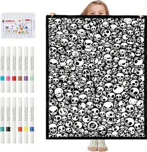 DIY Coloring Blanket for Adults, Color Your Own Blanket with24 Markers, Washable Cozy Velvet Kit for Everyday Use &Home Decor, Adds a Unique Touch to Living Rooms or Kids'Spaces (Skull) Custom Coloring Sherpa Blanket Kit