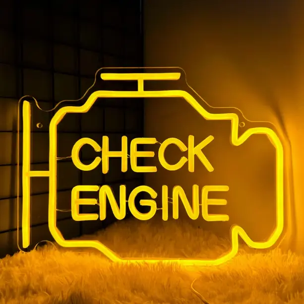 Check Engine LED Neon Sign – Yellow Acrylic Wall Light for Garage, Car Shop, Man Cave Decor, USB Powered Automotive Sign
