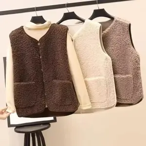 Vests Winter Autumn Women Button Waistcoat Lamb Hair Basic Thermal Warm Thick Fleece Vests Sleeveless Jacket Tops Summer Clothes Sweater Casual Ladies