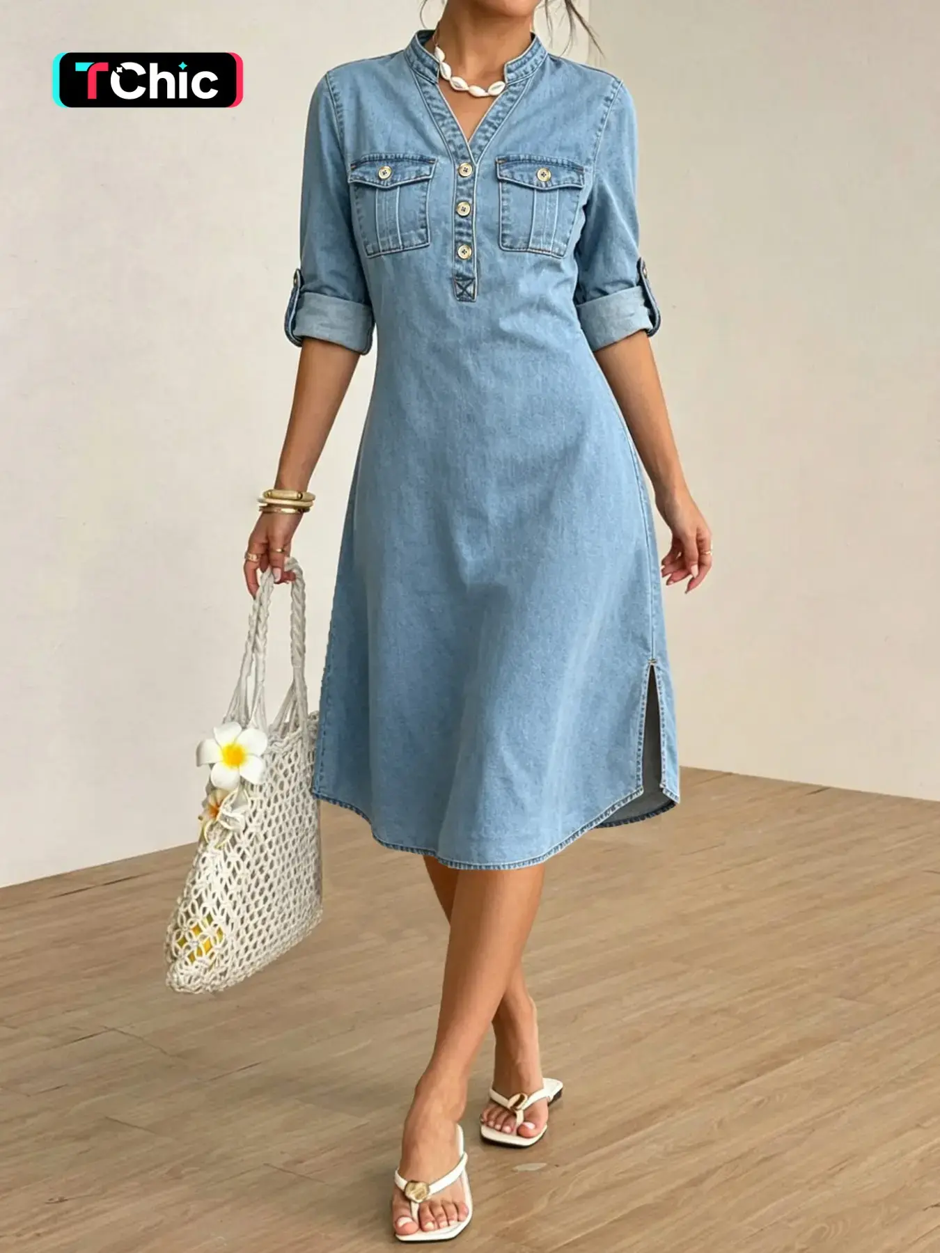 Women's Fashion Light Blue Denim Dress, Casual Chic Dress, Button Front Dress, Half Sleeve Long Dress, Casual Summer, Elastic Fabric, Loose Fit, Perfect for Dates, Casual Wear, Womenswear