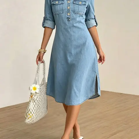 Women's Fashion Light Blue Denim Dress, Half Sleeve Long Dress, Casual Summer, Elastic Fabric, Loose Fit, Perfect for Dates