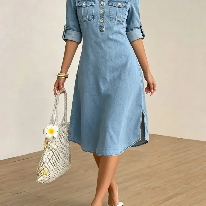 Women's Fashion Light Blue Denim Dress, Half Sleeve Long Dress, Casual Summer, Elastic Fabric, Loose Fit, Perfect for Dates