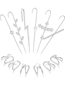 12Pcs Ear Wrap Crawler Hook Earrings for Women Gold Silver Ear Cuff Earrings Climber Piercing Ear Cartilage Clip On Earrings