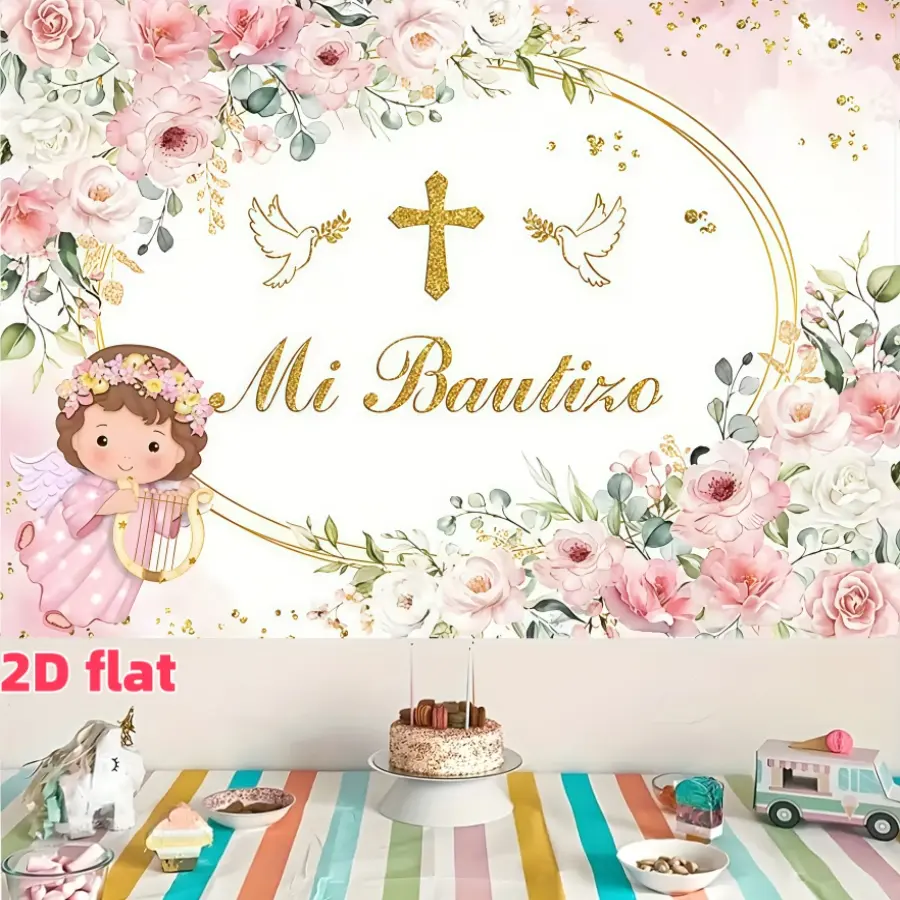 Baby Baptism Banner, Elegant Cross and Dove Religious Background, Polyester Material, Party Decoration, Indoor Outdoor Hanging Decor, Polyester Backdrop Banner