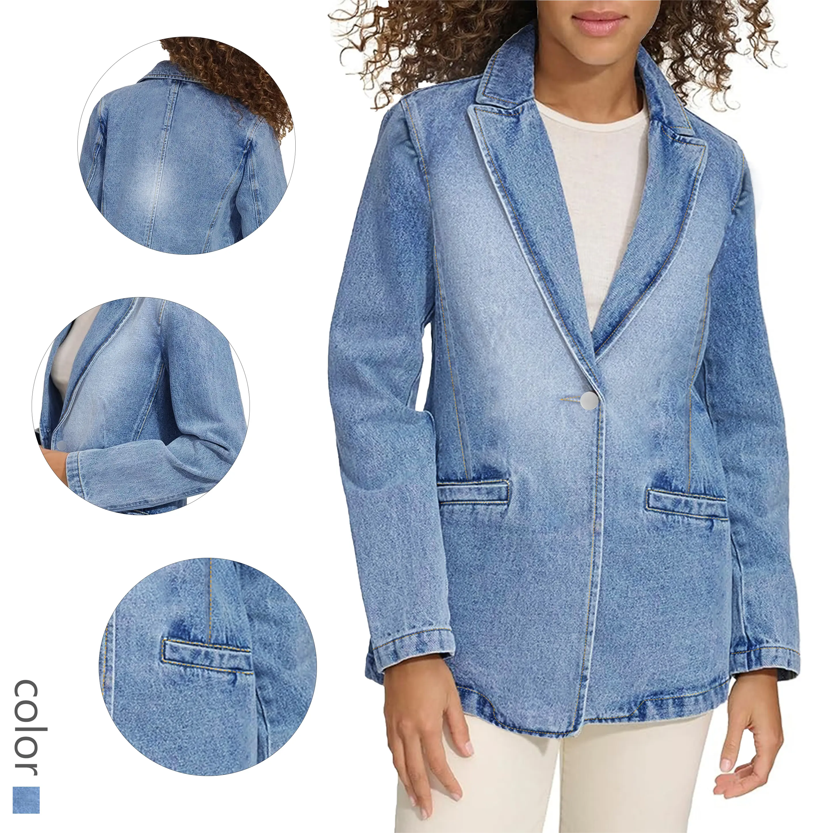 Trendy Women's Light Blue Denim Blazer - Single Button Elegance