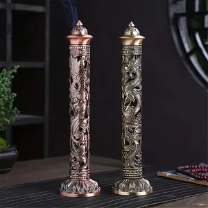 Retro Vertical Incense Burner Buddha Heart Sutra Dragon Phoenix Pillar Metal Holder for Home Office Altar Ornaments Antique Religious Decor