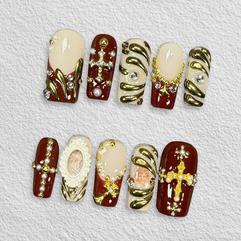 Beige Square Soft Gel Press-On Nails, Handmade Reusable 3-Piece Set