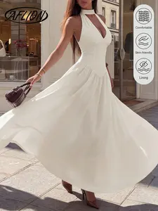 Women's Sleeveless Long Dress, Elegant A-Line Ruffled Waist, Flowy Summer Party Dress, Slim-Fitting Woven Fabric, All Seasons