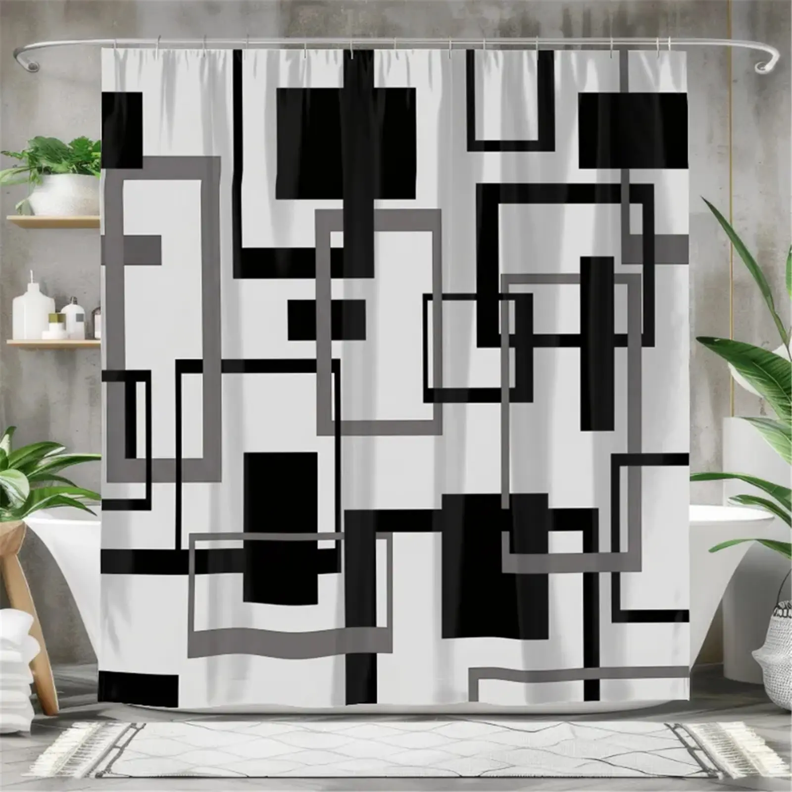 Black and white geometric line shower curtain set, waterproof shower curtain with 12 hooks, non-slip bathroom carpet, toilet U-shaped cushion, toilet seat cover cushion, bathroom decoration, bathroom shower curtain set, perfect moving gift.