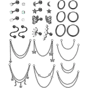 11Pairs 20G Stainless Steel Cartilage Earrings Set - Flatback Star Moon Butterfly CZ Studs Huggie Hoops Chain Dangles for Women Men Helix Tragus Piercing