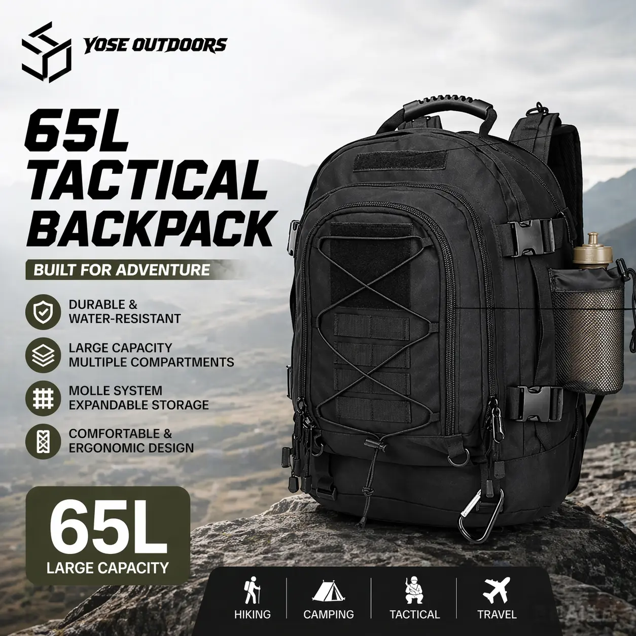 65L Tactical Backpack | Large Capacity Hiking Travel Bag | Water-Resistant Durable Camping Pack