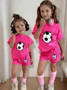 Girls' World Cup Football Style Short Sleeve Shorts Set, Age 4-12, Vibrant Round Neck Tee, Dynamic Soccer Print, Casual All Seasons