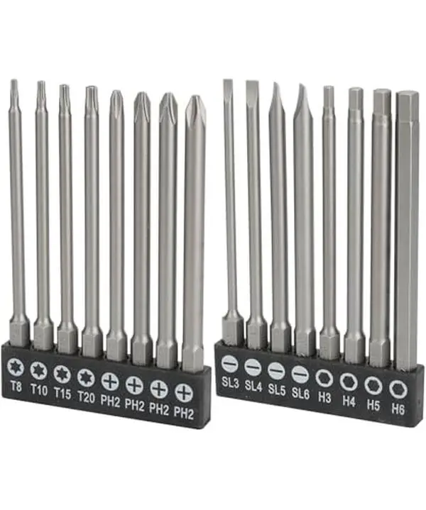 16Pcs Long Screwdriver Bit Set – Magnetic S2 Steel Bits, Slotted, Phillips, Hex & Torx, 3.94" with Holder